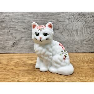 Mosser Glass Fluffy Kitty Cat 3” White Satin Hand-Painted Pink Roses Green Eye